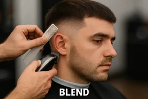 Blending the parietal ridge with clipper-over-comb on a messy French crop.