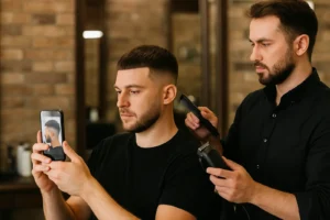 Consultation for messy French crop haircuts—client shows reference, barber plans fade height and fringe