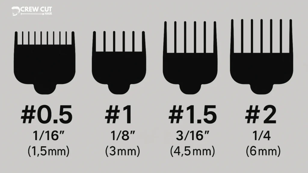 Clipper guards #0.5, #1, #1.5, and #2 with inch and millimeter equivalents for side blends