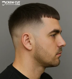 French crop low fade, clean side profile and tidy neckline.