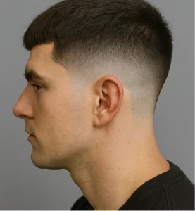Burst fade French crop around the ear with smooth circle.