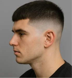 Drop fade French crop, back view following head shape