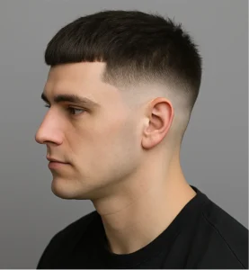 High fade French crop, sharp temple and slim sides.