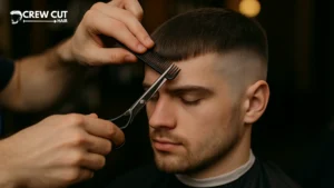 Trimming a straight fringe on a French crop, close view.