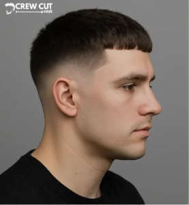Low fade French crop, side view with clean neckline