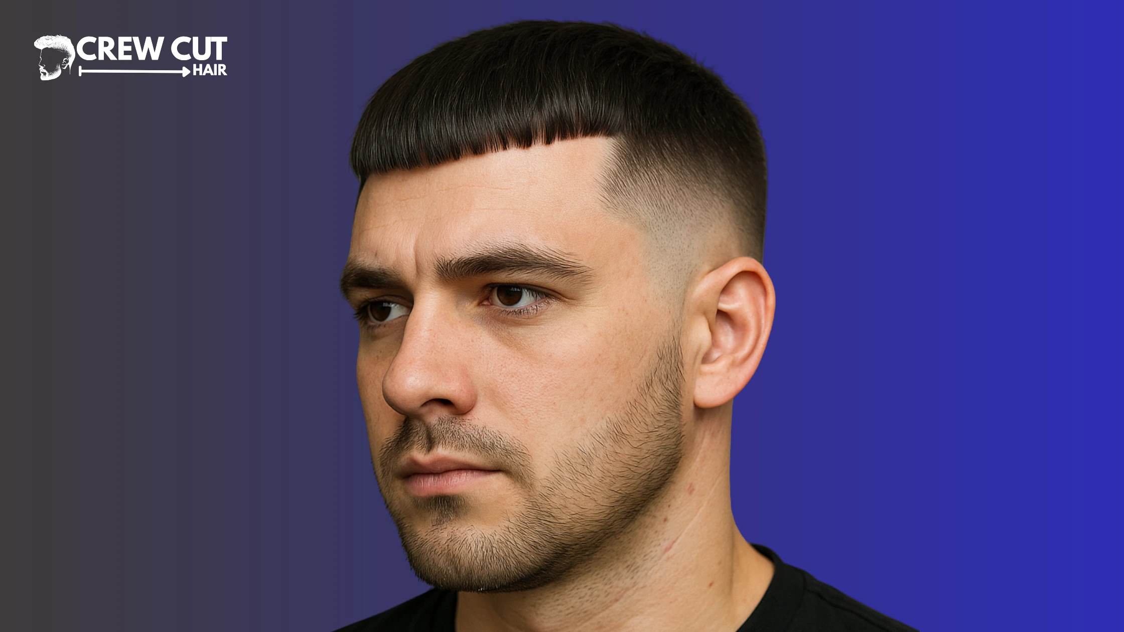 French crop low fade with blunt fringe, front view.