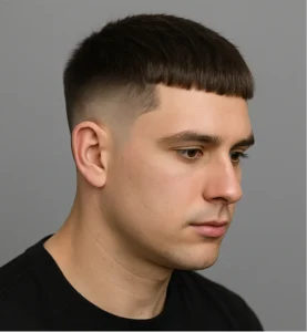 Mid fade French crop at 45 degrees, tidy ear outline.