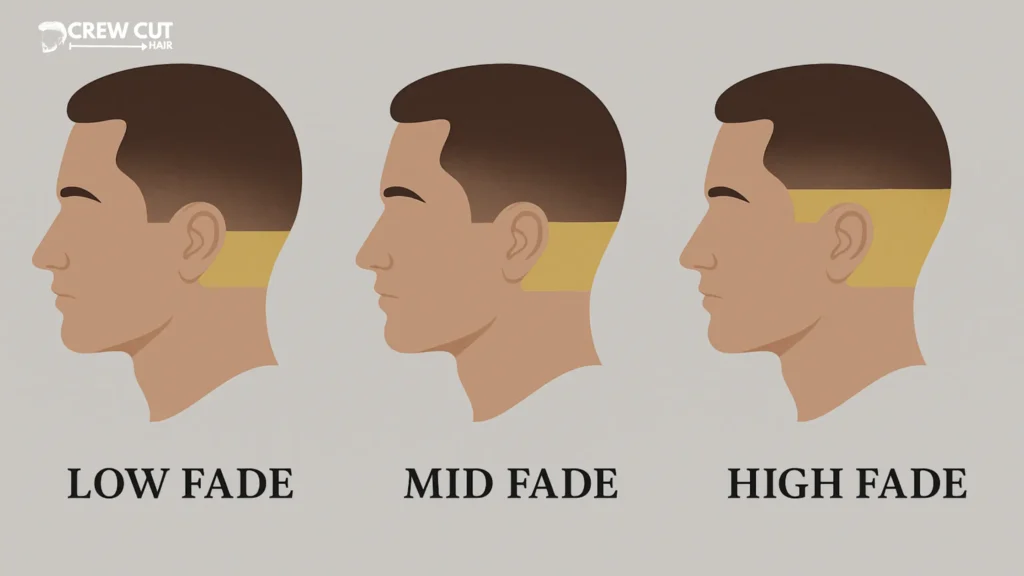 Illustration comparing low, mid, and high fade placement on the sides and back.