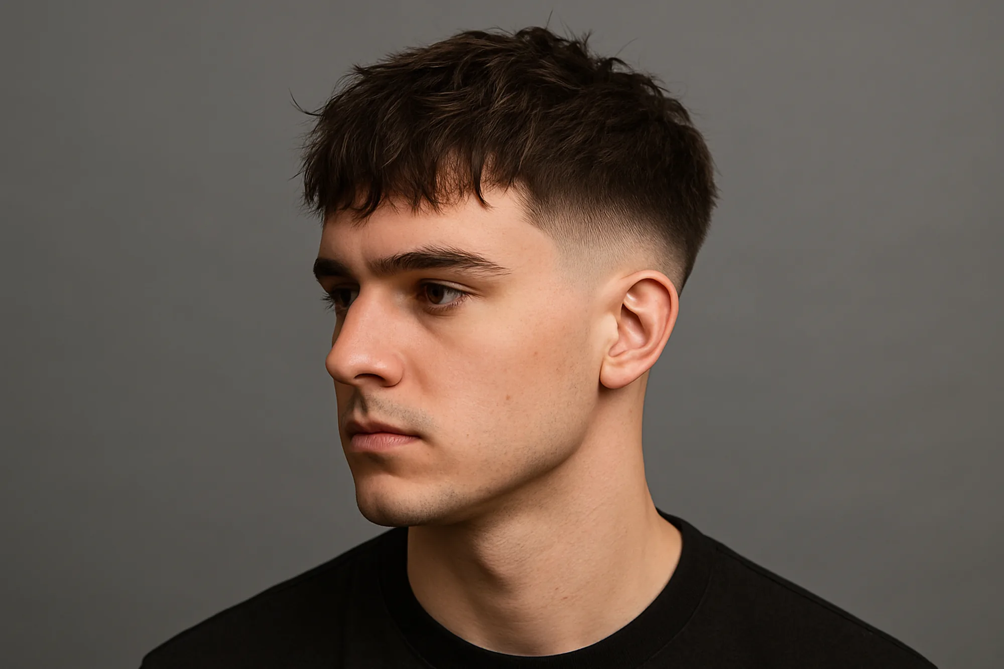 Messy French crop haircut with low taper, textured top, clean profile, landscape.