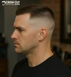 military high fade comb over with matte finish.