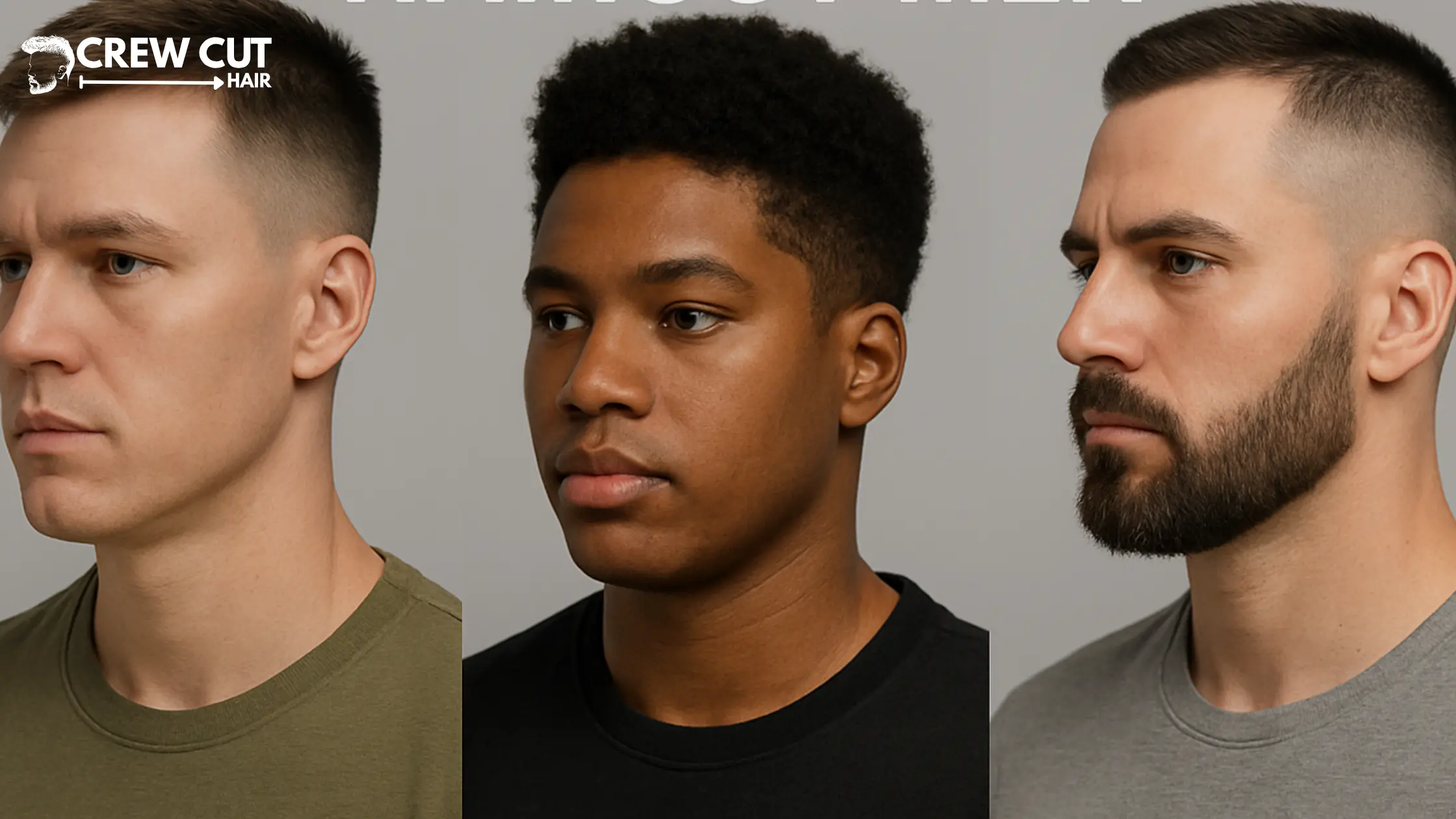 Military high fade haircut men showcased on three models in a clean studio banner