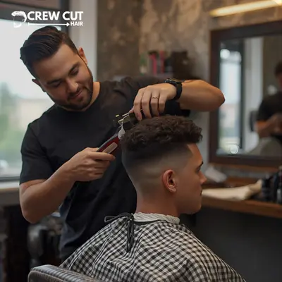 Barber cutting a blowout low taper fade curly hair on a client.