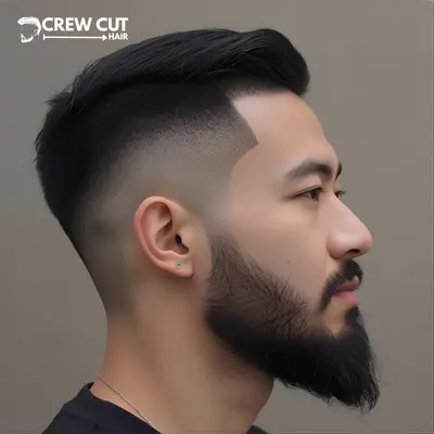 Low taper fade ninja haircut blended smoothly into a short beard.