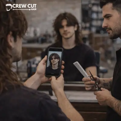 Client showing reference photo to barber for a middle part wolf cut men haircut