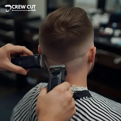 Barber using clipper guards to create a low taper fade.