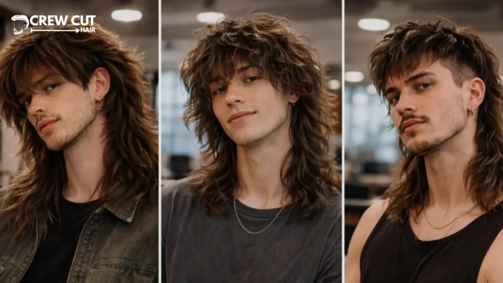 Comparison of long wolf cut, shag haircut, and mullet on men.