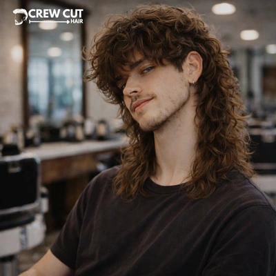 Curly long wolf cut men style with longer layers and balanced shape