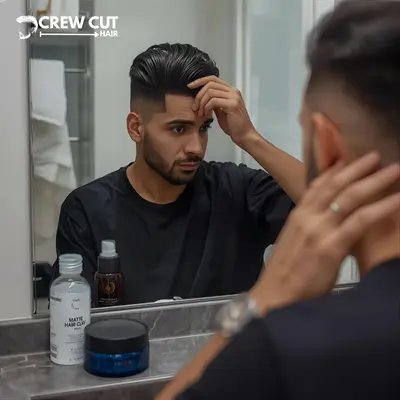 Hair products and a man styling his low taper fade ninja in the mirror.