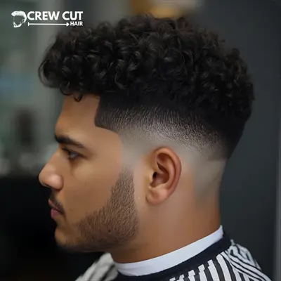 Hispanic man with a blowout low taper fade curly hair haircut.