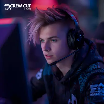 Gamer with low taper fade ninja haircut at a PC setup.