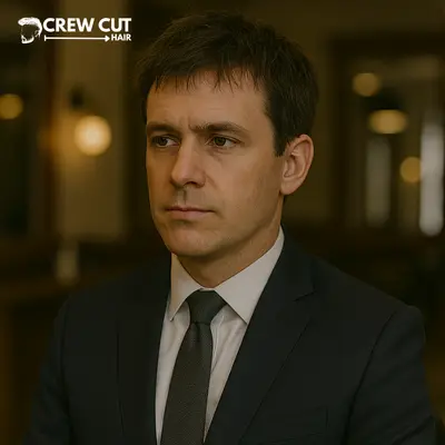 Professional short messy hairstyle with neat taper and clean neckline in a barbershop.