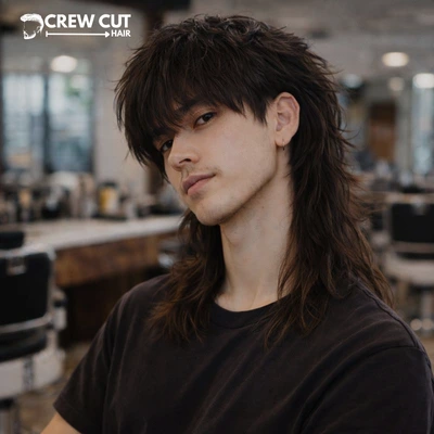 Long wolf cut men asian style with slim sides and soft curtain fringe