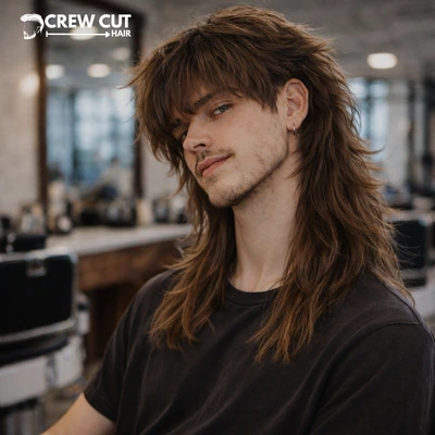 Long wolf cut men straight hair with textured layers and feathered ends