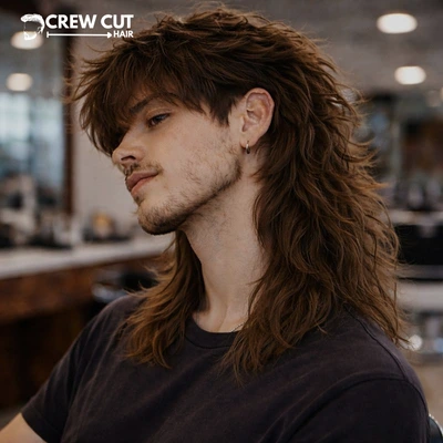 Long wolf cut men with beard blend and clean sideburn connection