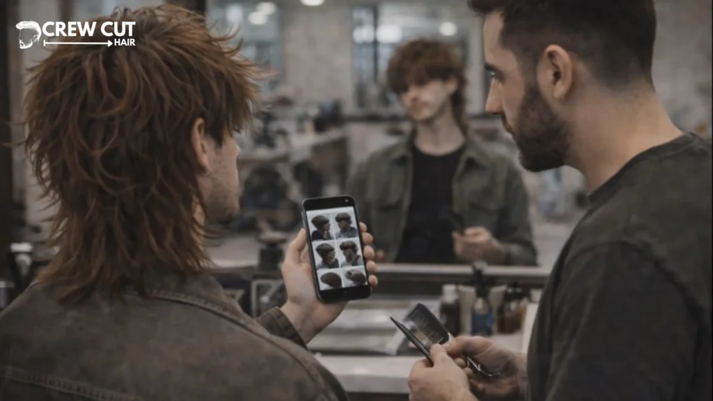 Man showing a haircut reference photo to a barber for a shaggy hairstyle