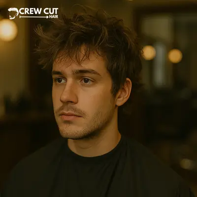 Medium length messy hairstyle for guys with a clean taper in a barbershop.