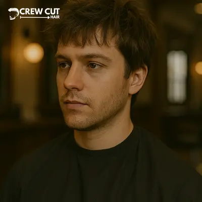 Medium short messy hairstyle for men with a clean taper in a barbershop.