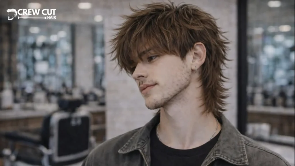 Medium shaggy hairstyle for men with curtain fringe and layered movement