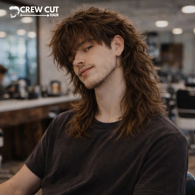 Messy long wolf cut men look with piecey layers and clean neckline