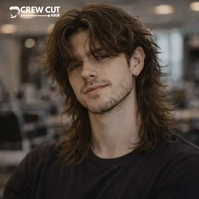 Middle part wolf cut men curly style with longer layers and balanced shape