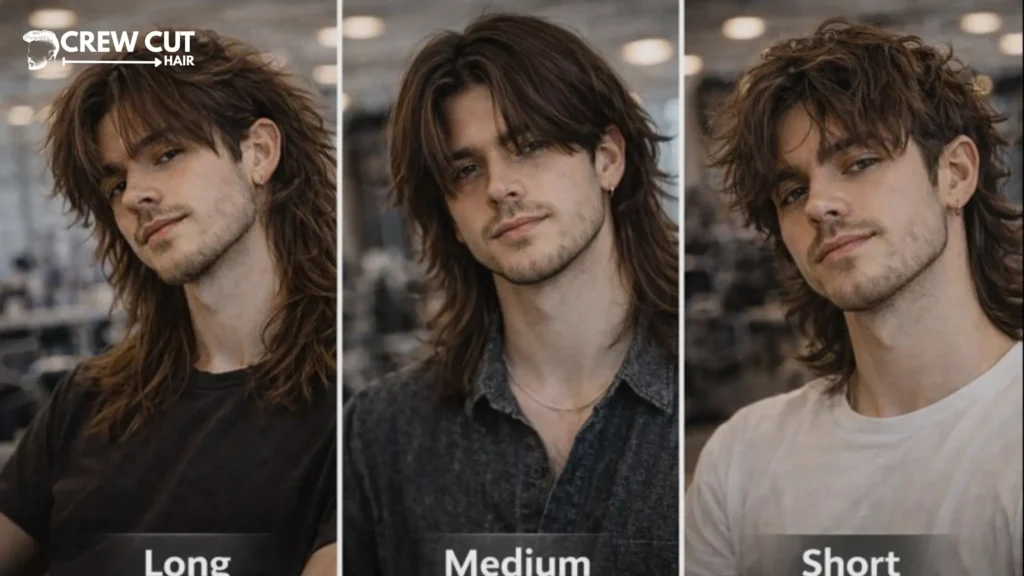Middle part wolf cut men long, medium, and short length comparison