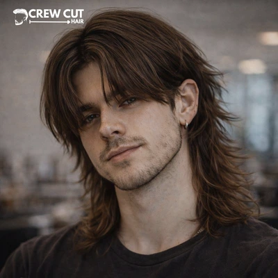 Middle part wolf cut men straight hair with textured crown and feathered ends