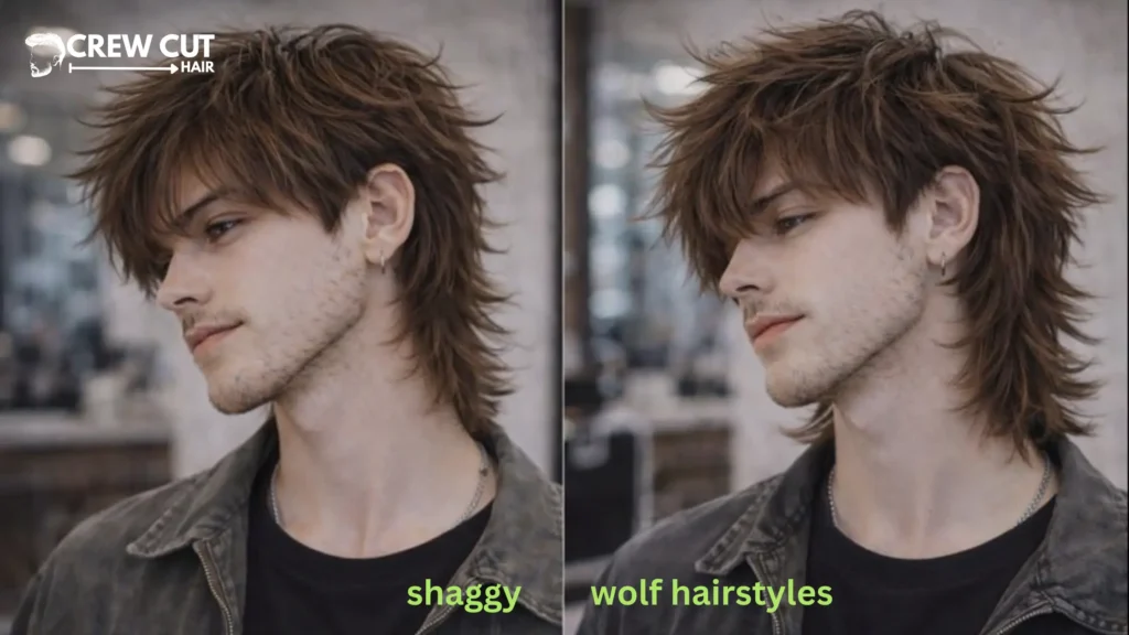 Shaggy haircut vs wolf cut men showing differences in layers and nape length