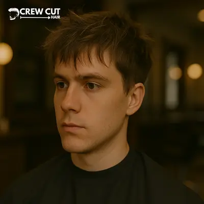 Short messy hairstyle for straight hair with textured top and low taper fade.