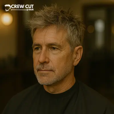 Short messy textured haircut for men over 50 in a barbershop.