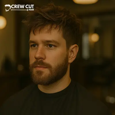 Short messy hairstyle with a beard blend and low taper fade in a barbershop.