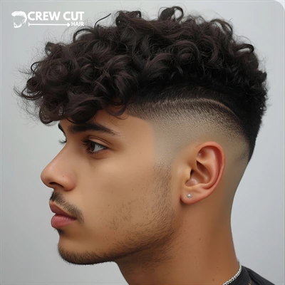 Textured fringe blowout low taper fade curly hair on a man.