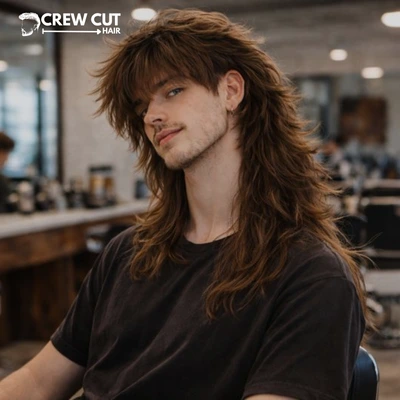 Very long wolf cut men hairstyle with feathered ends and flow