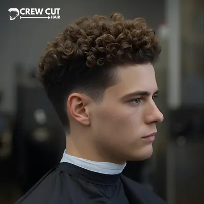 Man showing a blowout low taper fade curly hair haircut in a barbershop.