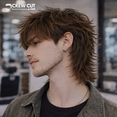 Wolf cut men with soft beard blend